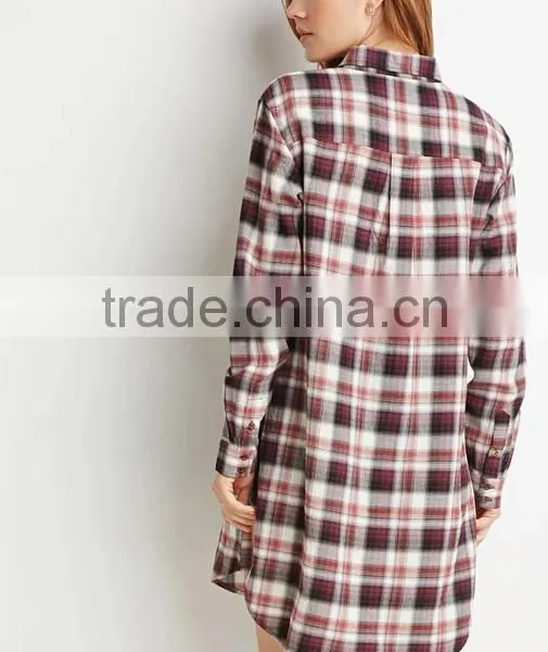 New Style Woman Plaid Shirt Slim Fit Ladies Extra Long Shirt Flannel Shirt photo-3