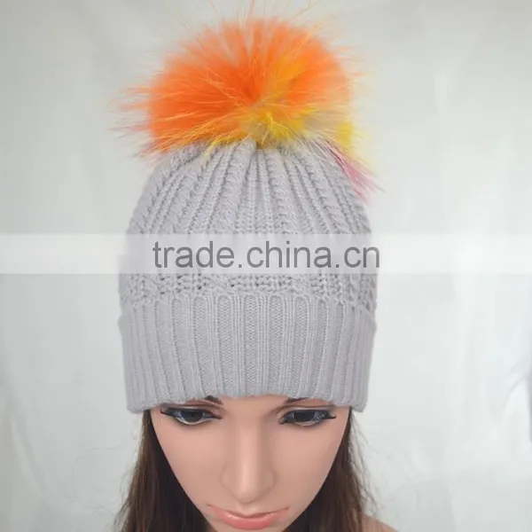 Myfur Light Grey Women Knit Hat With Real Fur Pom Pom Top photo-2