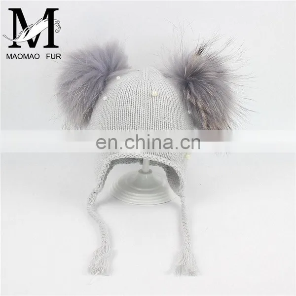 Wholesale Double Raccoon Fur Poms Cap Kids Hat With Fur Pom Pom photo-4