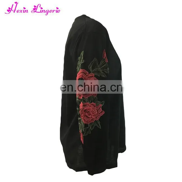 Drop Shipping Black Splicing Round Neck Embroidered Long Sleeve Flower Long Dress photo-4