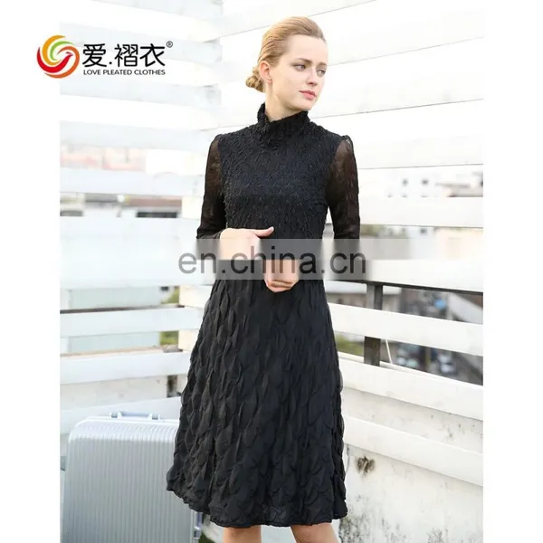 Ladies Elegant Sexy Long Sleeve High Neck One - Piece Black Dresses With See Through Sleeve photo-2