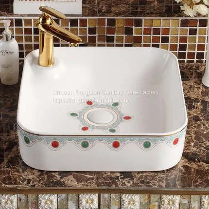 Round Shape Countertop Ceramic Bathroom Sanitary Ware Bowl Sinks With Decal photo-3