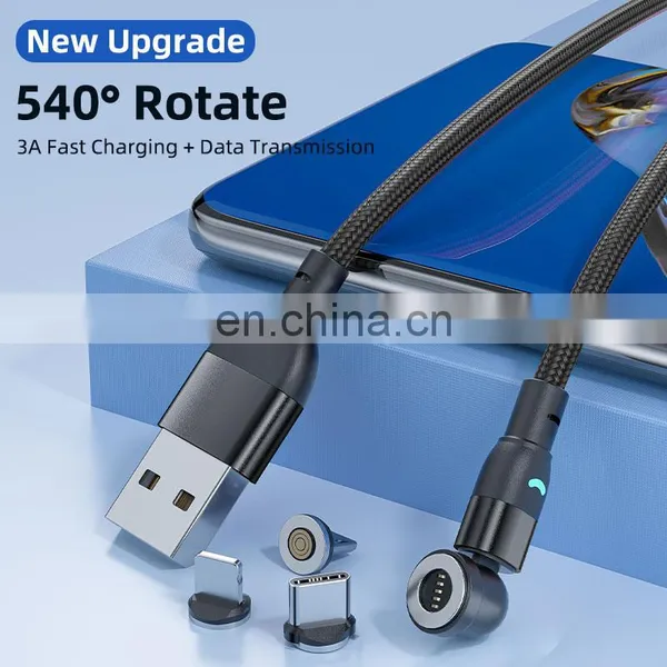 Wholesale 3 in 1 Phone Cable 540 Rotation 3A Magnet Nylon Led Fast Charger USB Type C Charge Cable Magnetic Cable for Phone photo-3