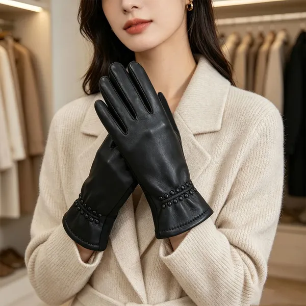 Women PU Leather Winter Gloves Decorative Cuff Plush Lining Wind Resistant Multi‑Occasion Daily Cold Weather Gloves