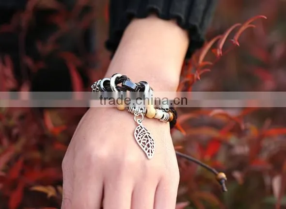 2016 Fashion Personalized Leaf Pendant Leather Bracelets, Vintage Handmade Charm Bracelets photo-4