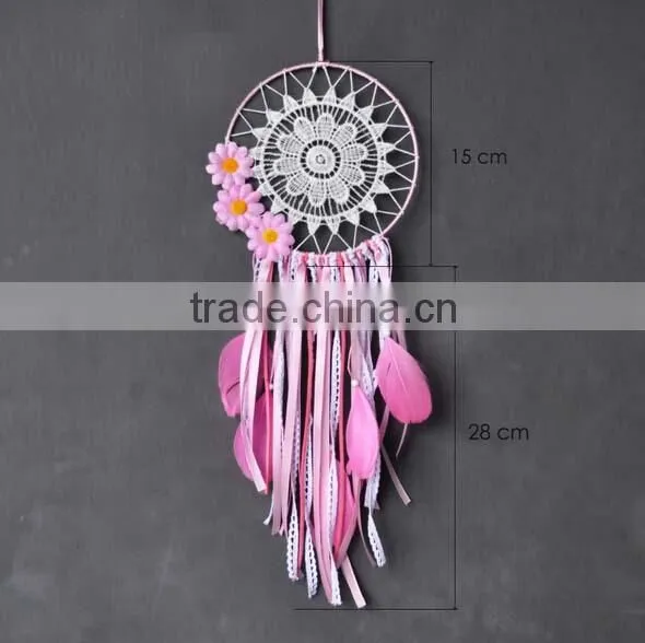 Pink Flower Large White Dream Catcher - Ribbon Fringe White Crocheted - Boho Pink Flower - Bohemian Crochet Dream Catcher