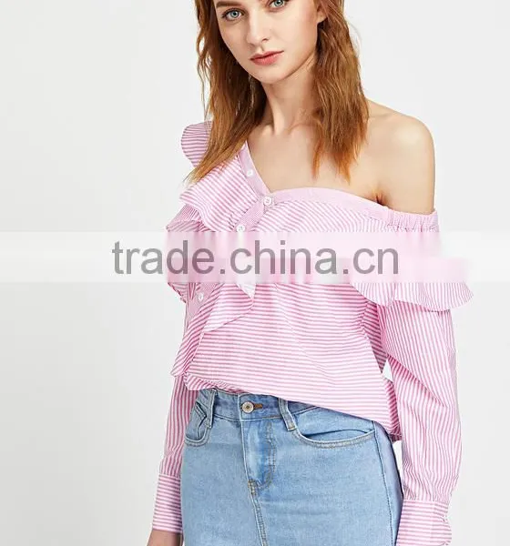 2017 New Blouse Neck Designs Pink Stripe Women Shirt LC8294 photo-3