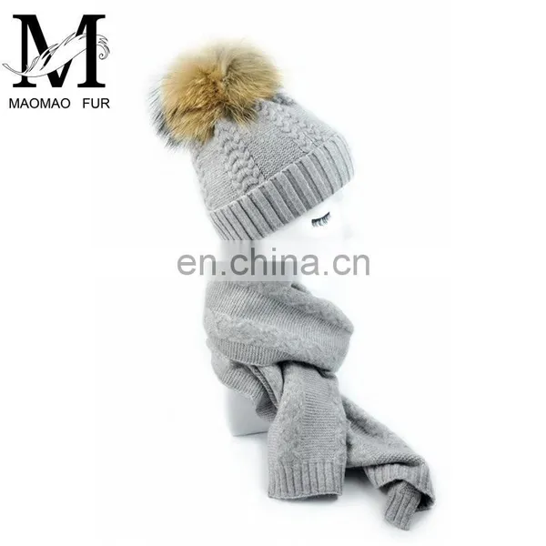 Factory Direct Wool Knitted Scarf Women Fur Pompom Winter Hat And Scarf Set photo-3