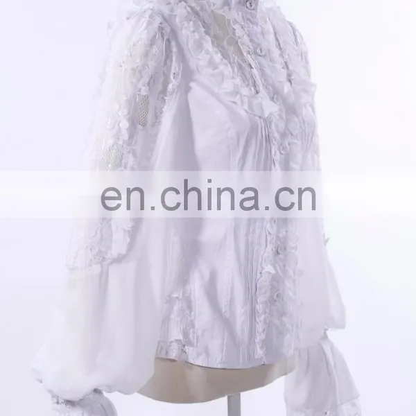 Gothic Ruffled Front High Neck Blouse With See-through Floral Lace Details and Wide Puffed Sleeves photo-2