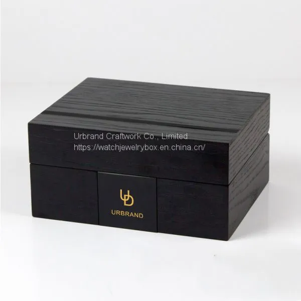 Matte Black Painted Popular Natural Wood Watch Display Box Solid Wood Watch Gift Box With Metal Logo Plate photo-4