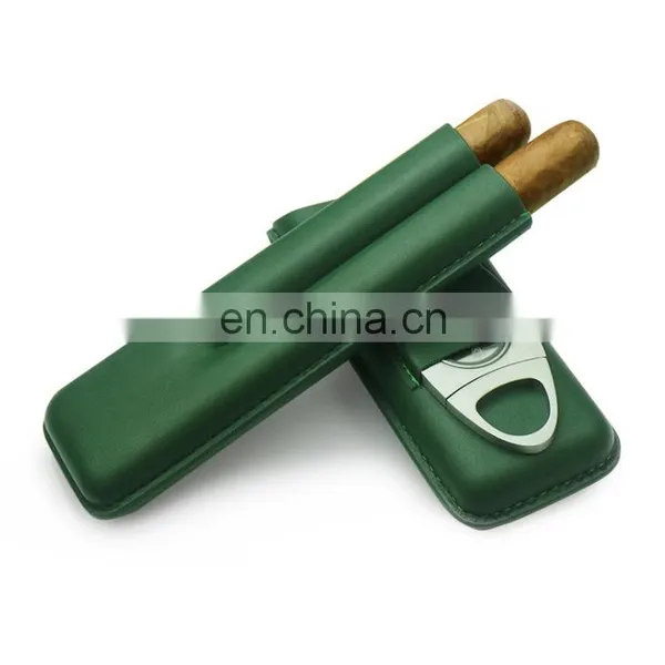 Handmade Portable High Quality 2piece Genuine Leather Custom Cigar Holder Case With Cutter Gift Set photo-2
