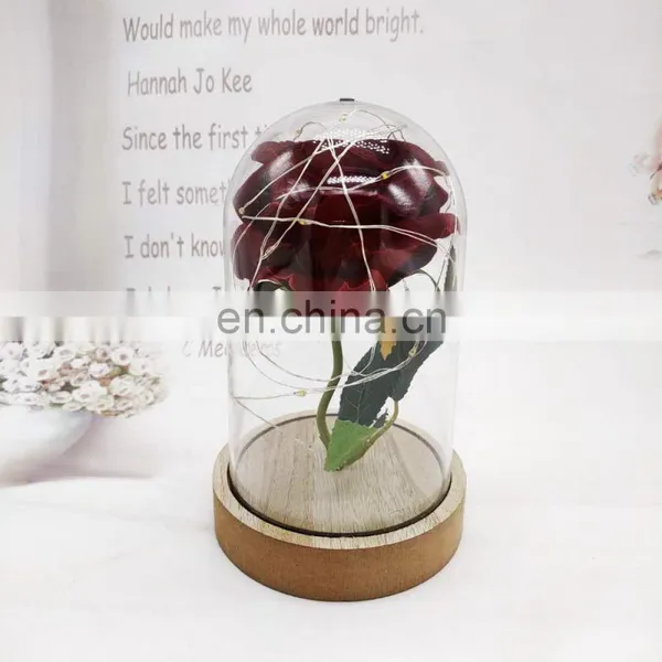 Red Rose And Copper Wire String Light In Flower Glass Dome Cover With Wood Base For Valentine's Day Wedding Decoration photo-5