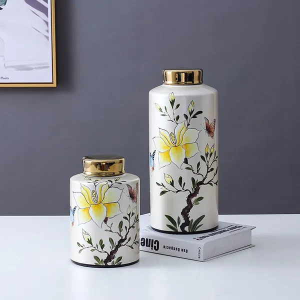 Chinese New Style Entery Luxury Yellow Butterfly And Flower Painting Ceramic Vases With Lid For Home Decoration photo-5