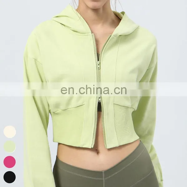 High Elastic Waist Running Sports Clothing Long Sleeve Double Head Zipper Short Gym Fitness Jackets Women Hooded Yoga Jacket photo-3
