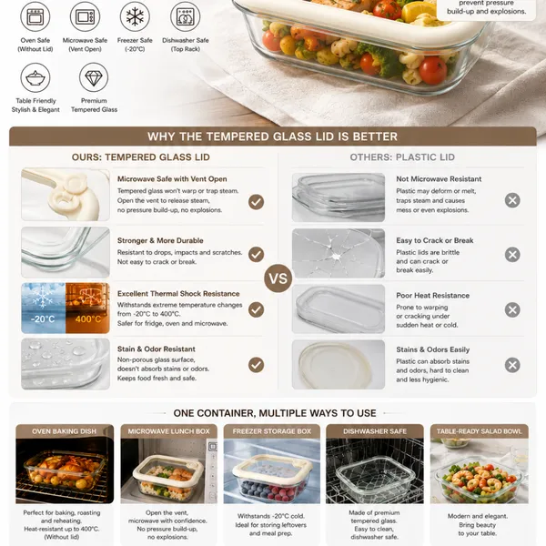 Premium Borosilicate Glass Food Storage Container Set With Tempered Glass Lid Silicone Seal Microwave Freezer Oven Safe Meal Prep BPA Free photo-2