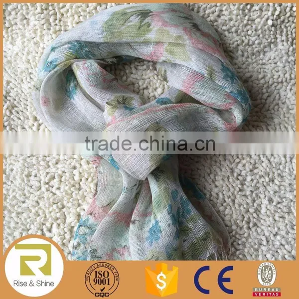 Wholesale 100% Linen Aqua Flower Printed Fringed Shawl Scarf