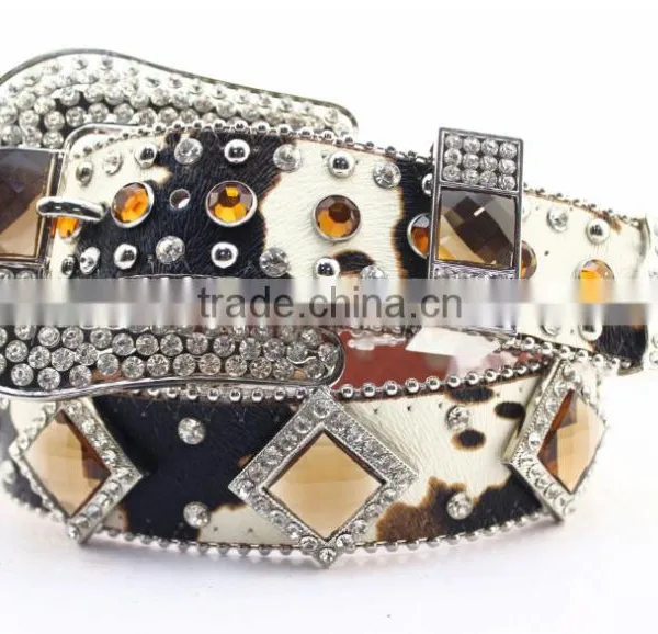 Western Cow Print Leather Brown Concho Studded Cowgirl Crystal Belt photo-2