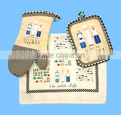 3 Pcs Pigment Print Cotton Cooking Kitchen Oven Mitten Set photo-2