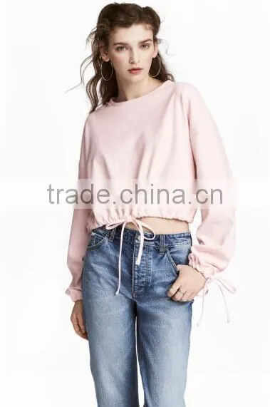 Fashion Style Plain Cropped Hoodie Ladies New Design Pink Short Long Sleeve Cropped Top Hoodie With Stringer photo-2