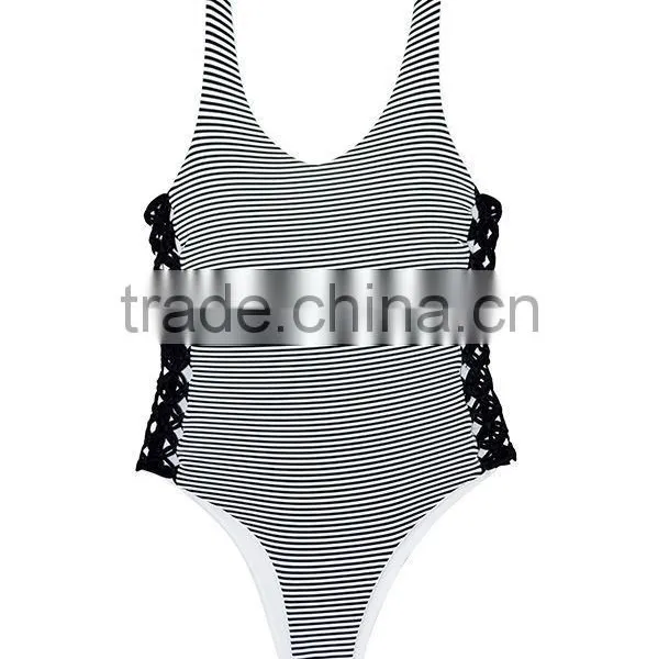 Ladies Black and White Stripe and Side Braid One-piece Swimwear photo-3