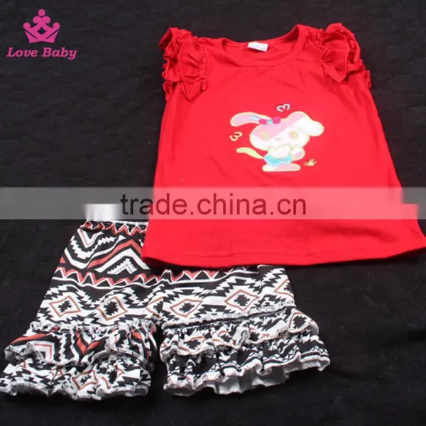 High Quality Embroidered Bunny Girls Cotton Summer Short Ruffle Outfits Kids Boutique Outfit photo-2