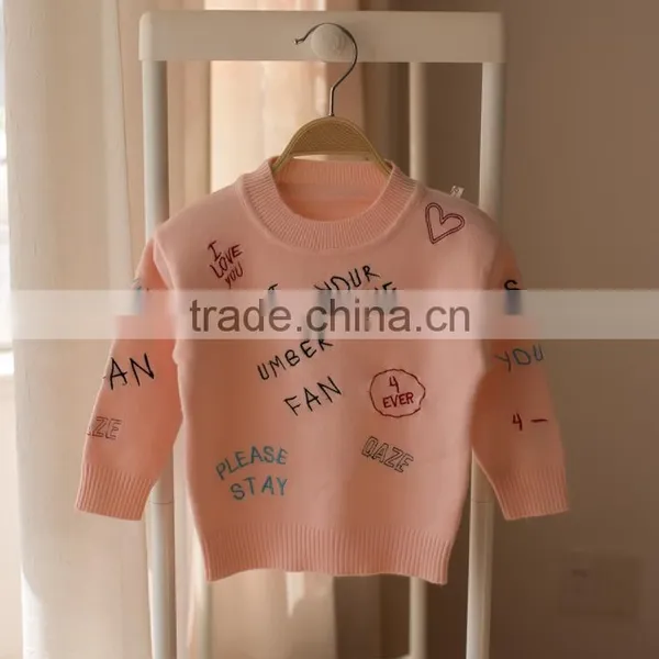 S32907W Kids Girls Pullover Sweater O-Neck Cute Words Embroidery High Quality Sweaters photo-3