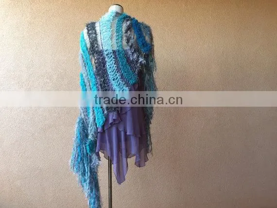 Teal Shawl Aqua Scarf Ocean Seafoam Turquoise Grey Black White Charcoal Hand Knit Striped Fringe Shawl Wrap Cape photo-6