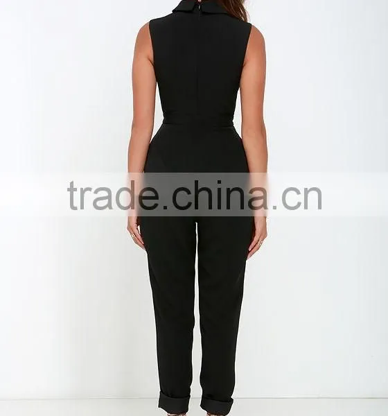 New Style Women Sleeveless Folded Mock Neck Black Jumpsuit 2015 photo-4