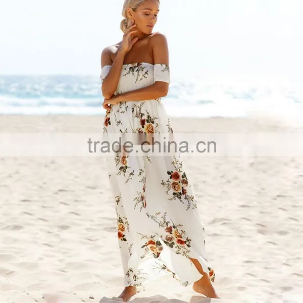 Boho Style Long Dress Women Fashion Off Shoulder Beach Summer Dresses Floral Print Vintage Chiffon White for Wholesale 2017 photo-2
