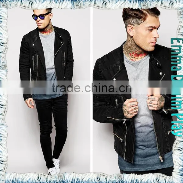 2015 New Man's Zipper Closure Full Sleeves Black Cotton Tight Fit Denim Jackets photo-4
