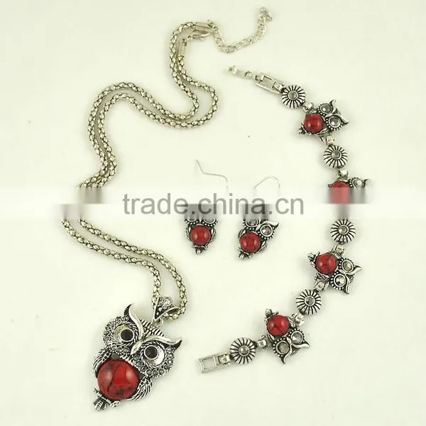Top Green Red Blue Turquoise CZ Owl Necklace Bracelet Earrings Vintage Silver Jewelry Set photo-5
