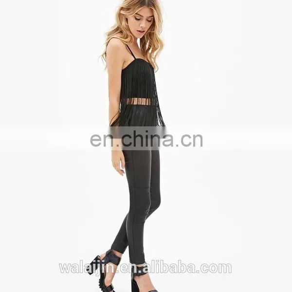 Strap Design Sex Woman Fringe Top Black Sexy Tops, Tassel Cloth photo-4