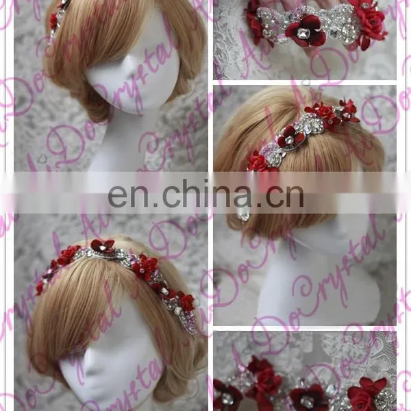 Aidocrystal Red Vintage Lace Wedding Hairpiece, Ivory Lace Bridal Hair Accessories, Rhinestone Headband With Pearl photo-2