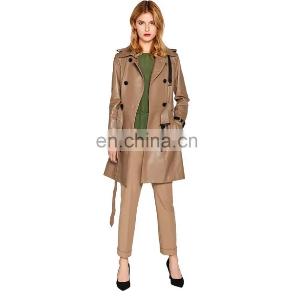 Women Lambskin Leather Double Breasted Long Jacket Coat With Belt