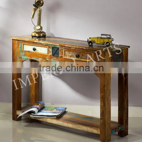 ANTIQUE DESIGN RECYCLE WOOD 2 DRAWER CONSOLE TABLE photo-2