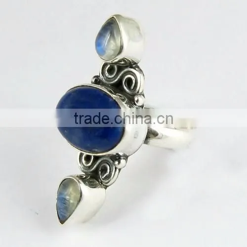 Two Tones Royal !! Lapis & Rainbow Moonstone 925 Sterling Silver Ring, Handmade Silver Jewelry , Wholesale Silver Jewelry photo-3