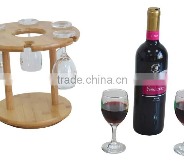 Rotating Bottom Bamboo Table Standing Wine Holder With 6 PCS Glasses photo-2