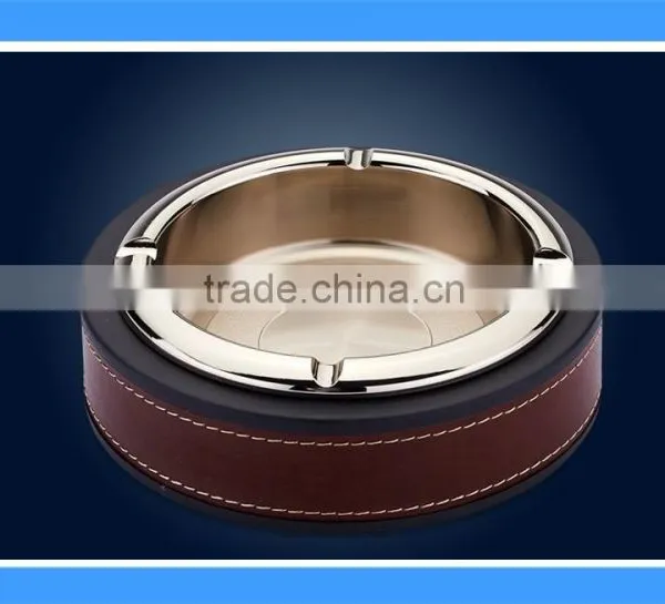 DCA009115S Metallic Silver Stainless Steel Table Ashtray With Leather Wrapped, Round Metal Ashtray With Leather photo-2