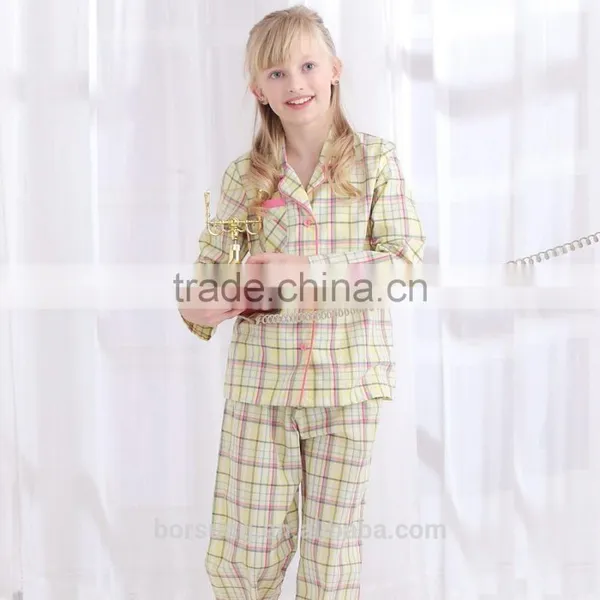 2015 Top Fashion 100% Cotton Home Lattice Sleepwear Spring Summer Long Sleeve Turn-down Collar Kids Pajamas photo-2