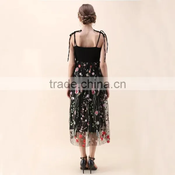 NEWEST WOMEN Self-tie Strap and Floral Embroidery Black Mesh Dress photo-5
