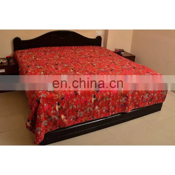 Bird Print Kantha Quilt Bird Of Paradise Cotton Kantha Bed Cover photo-2