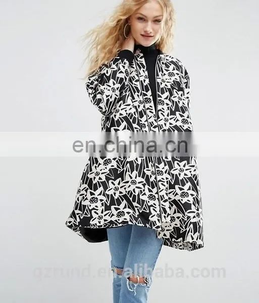 China Supplier Wholesale OEM ODM New Fashion Lady Winter Coat, Black and White Print Floral Satin A- Line Coat With Rib Detail photo-5