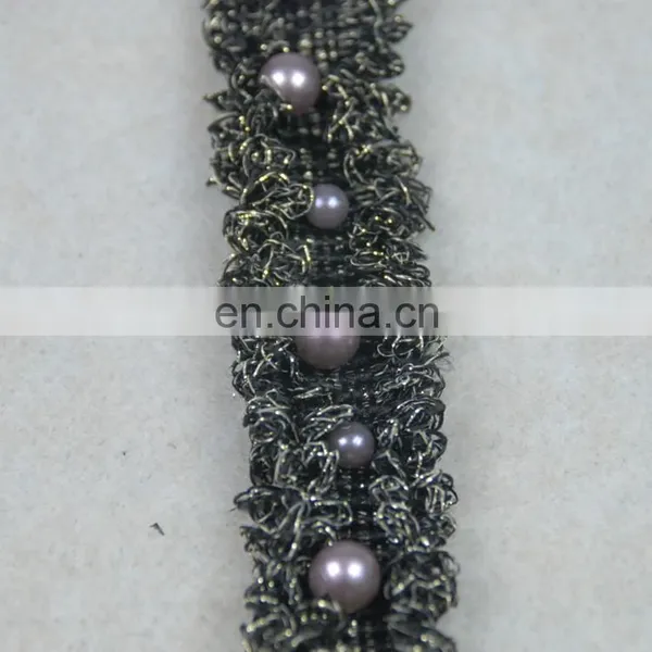 Fashion Black Embroidery Lurex Beaded Pearl Lace Trim Designs photo-2