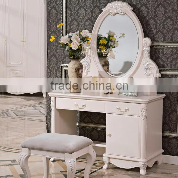 Luxury Antique European French Baroque Style Ivory White Hand Carved Wooden MDF Vanity Dressing Table Set photo-6