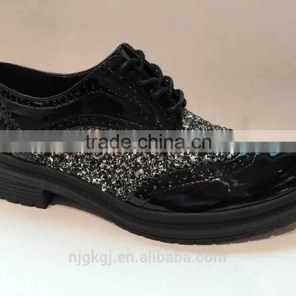 New Style Glitter pu Brogue Style Flat Tie Shoes for Women
