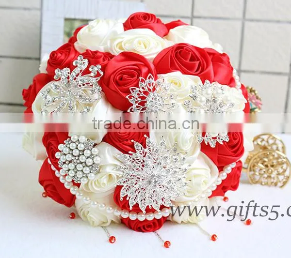 2016 New Design Wedding Bouquet, Silver and Ivory Brooch Bouquet, Red and White Satin Rose Wedding Bouquet photo-2