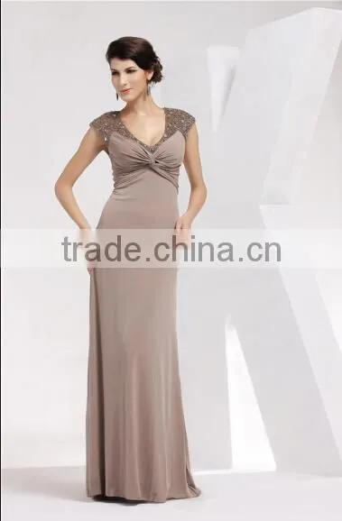 Sleeveless V-neck Beaded Ruffle Coffee Cotton Full Length Elegant Dress photo-2