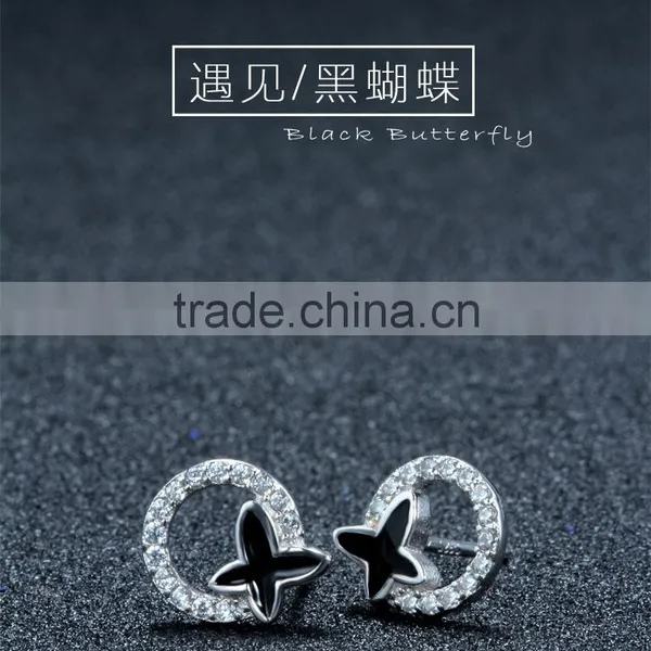 925 Sterling Silver Black Letter x Ear Studs With White Zircon and Ring Design photo-2