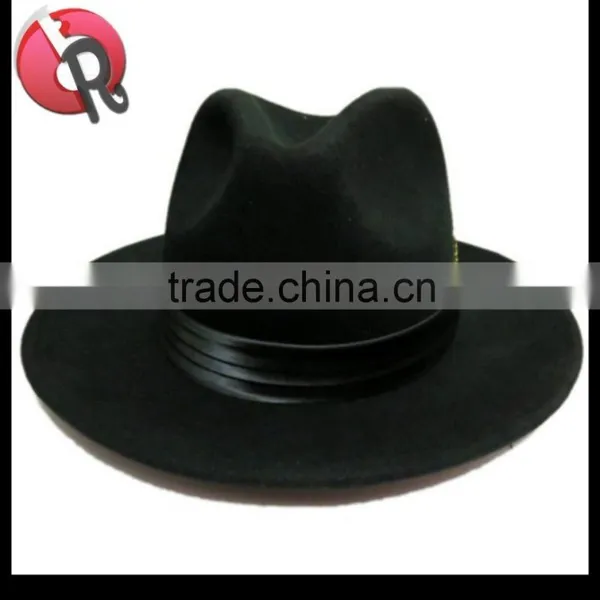 Mens Hat 100% Wool Wide Round Brim Fedora Cap Satin Feather Band Black photo-3