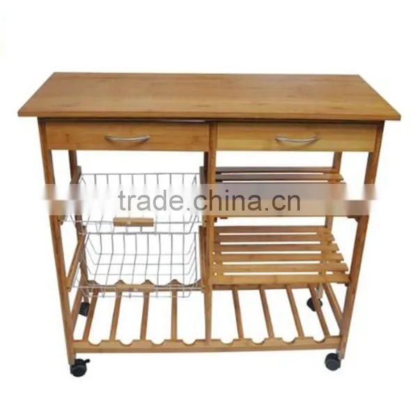 Marketing Bamboo Wood Kitchen Cart With Baskets, Shelves and 8-Slot Wine Bottle Holder